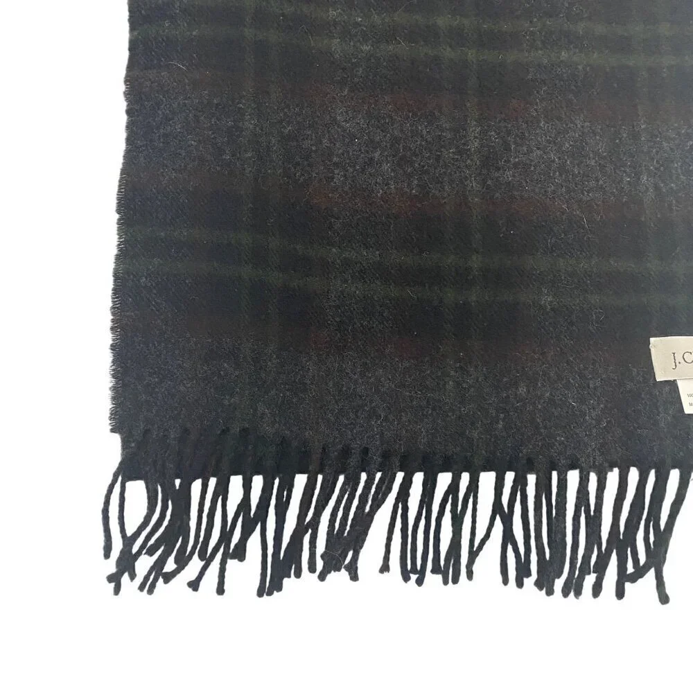J. Crew large lambswool tartan plaid fringed scarf unisex dark